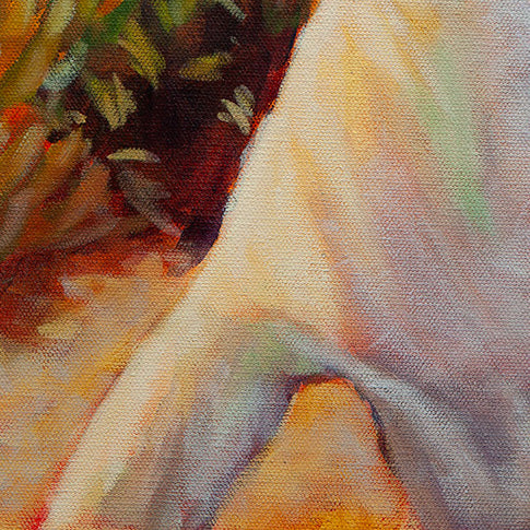 Detail of the dog’s left leg with soft pink, blue, teal, and purple fur tones from Ocean Scout, a Santa Cruz coastal dog painting.