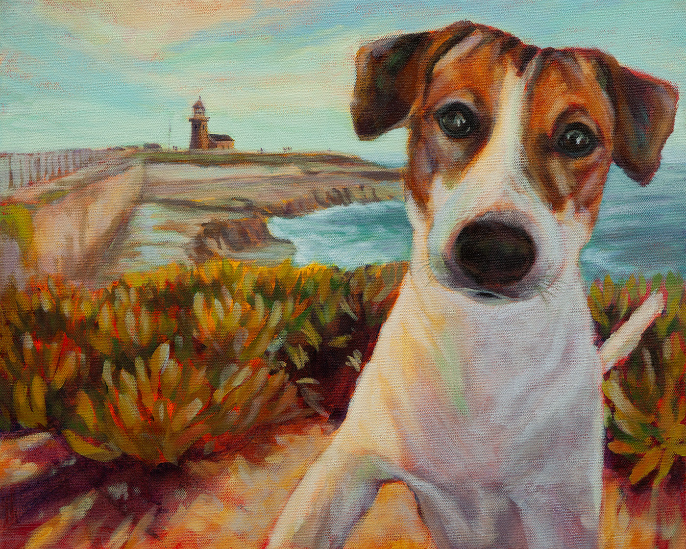 Original painting of a brown and white dog on the cliffs of West Cliff Drive in Santa Cruz with green-orange ice plants and lighthouse under a blue-teal sky.