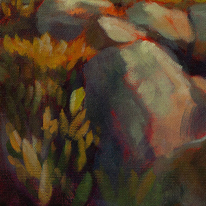 Close-up of light grayish-brown rocks catching sunlight from the Santa Cruz coastal dog painting The Watchful One.