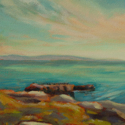 Detail of sunlit brown rocks and green ice plants with distant cliffs under a blue sky from The Watchful One coastal painting.