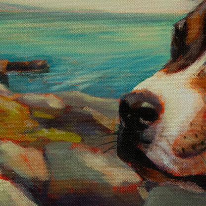 Close-up of the dog’s nose and tan rocks with teal ocean behind from The Watchful One, a Santa Cruz coastal dog painting by Martina Goulart.