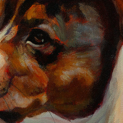Close-up of the dog’s eye and layered brown fur tones from the original Santa Cruz coastal dog painting The Watchful One.