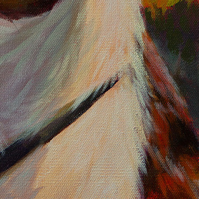 Detail of the dog’s white neck fur in sunlight and shadow showing texture and brushwork from The Watchful One by Martina Goulart.