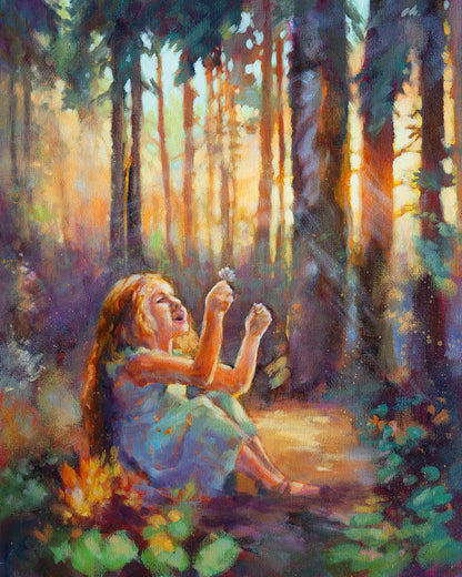 Oil painting of young girl sitting in sunlit forest holding a small white flower in warm golden light.