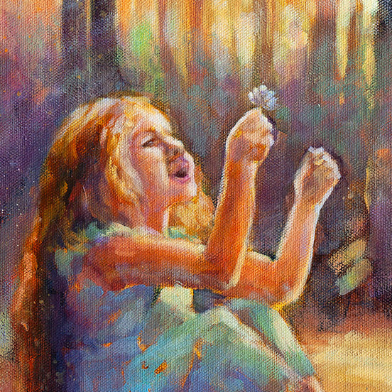 Oil painting of young girl sitting in sunlit forest holding a small white flower in warm golden light.