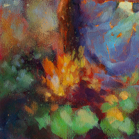 Textured brushwork of green foliage and scattered light in oil painting.