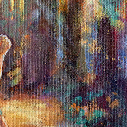 Colorful forest floor with leaves and soft dappled light in oil paint.