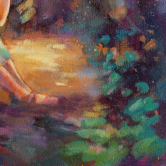 Colorful forest floor with green leaves and soft dappled light in oil paint.