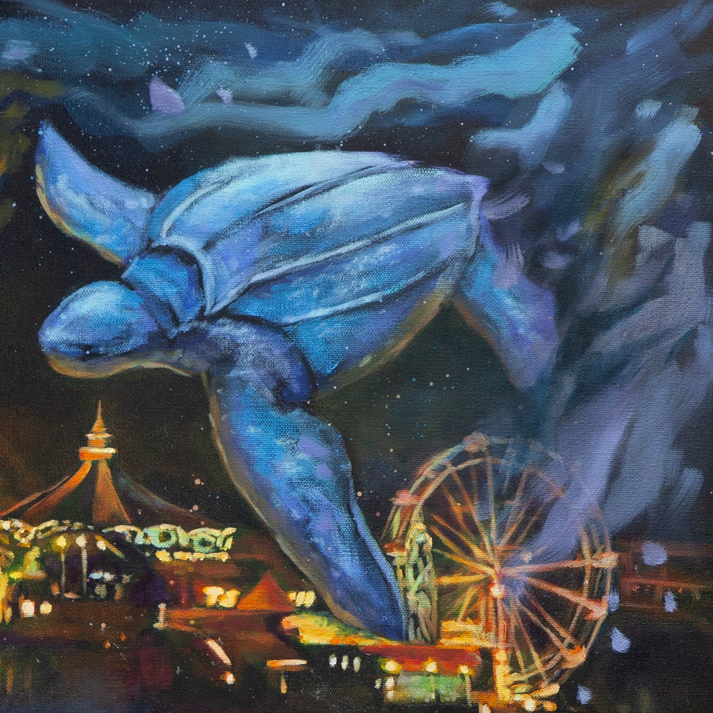 Detail of the blue sea turtle in soft blues and purples above glowing ferris wheel and carnival lights from Magical Santa Cruz, coastal painting.