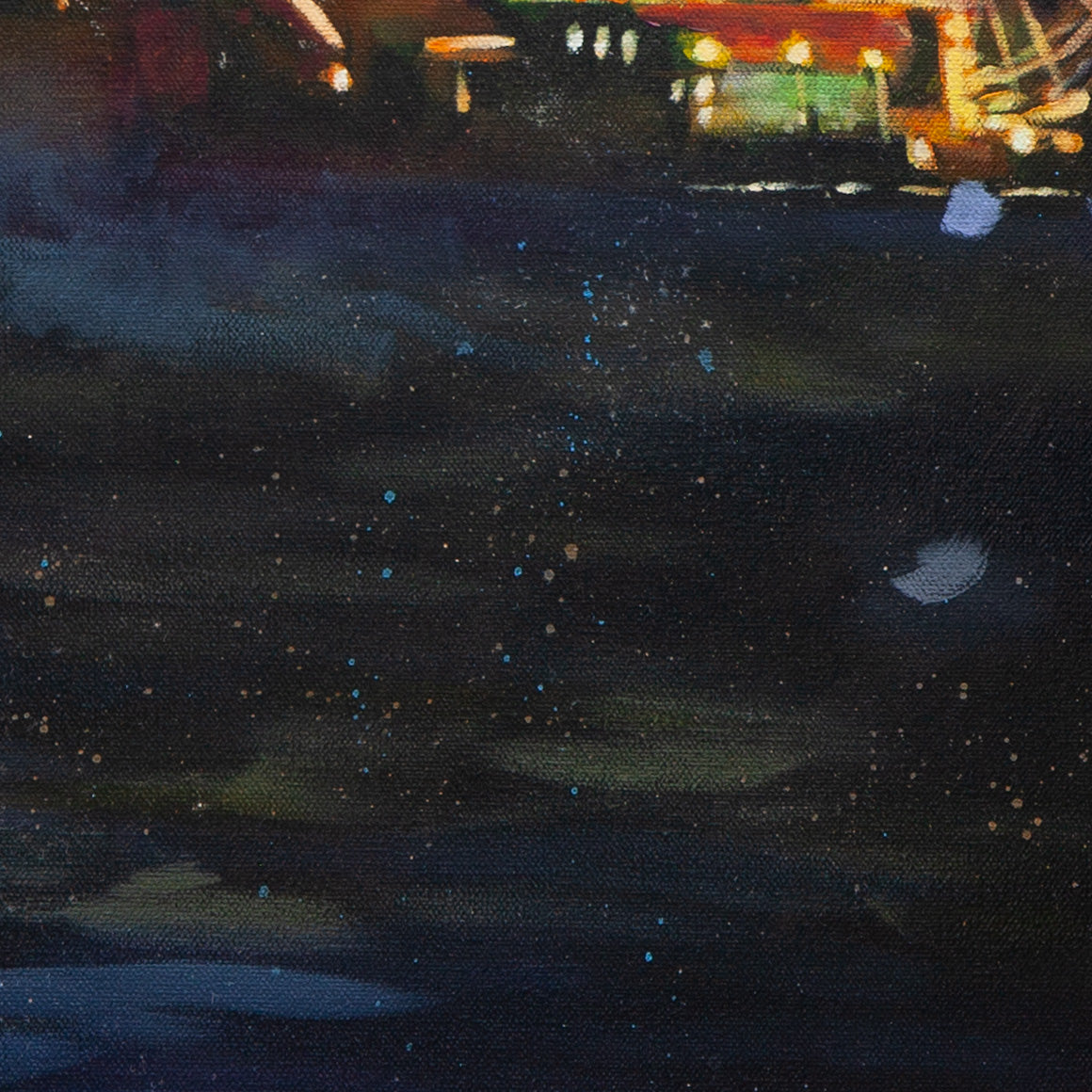 Close-up of dark sand beach with soft blue and orange reflections and glowing light above from Magical Santa Cruz, Santa Cruz artwork.