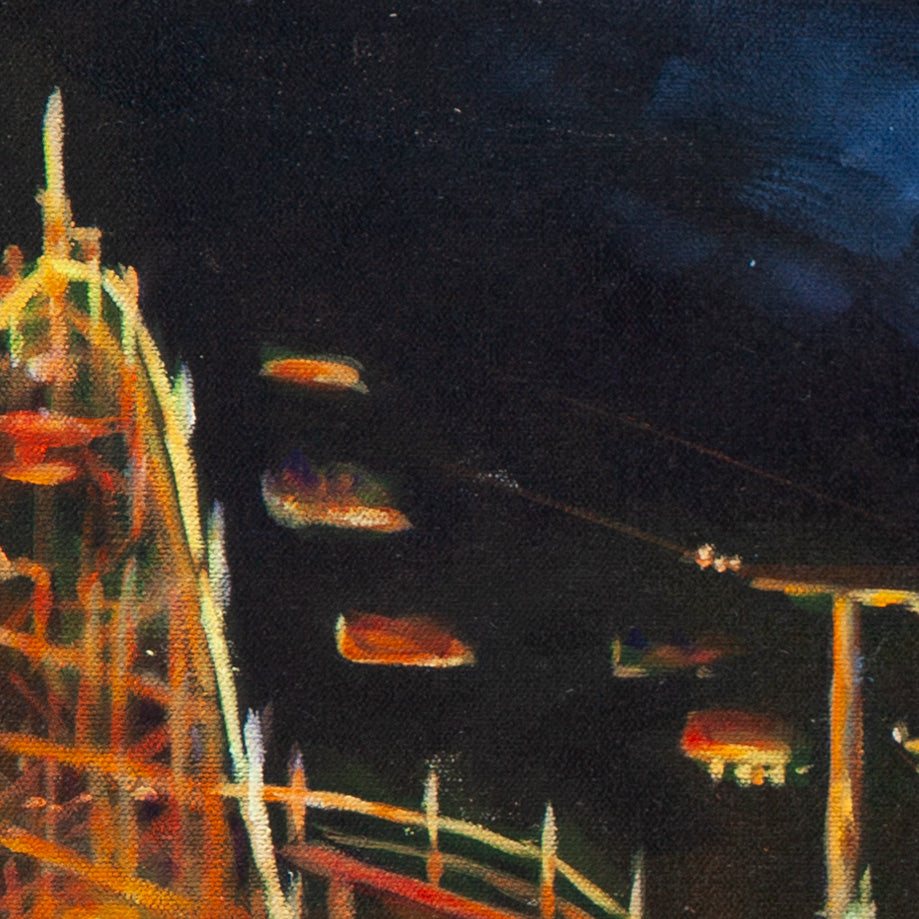 Detail of roller coaster and sky ride cars glowing yellow, orange, and red against deep blue sky from Magical Santa Cruz by Martina Goulart.