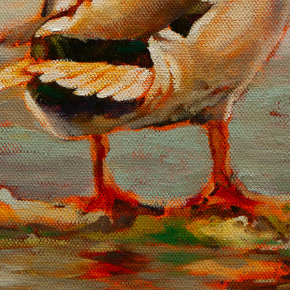 Detail of a mallard’s soft brown and gold feathers, orange feet, and water reflection in teal tones from Shoreline Company.