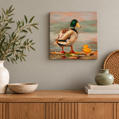 Original 10x10-inch wildlife oil painting by Martina Goulart featuring a mallard duck beside a yellow rubber duck, displayed on a neutral wall above a wooden cabinet in a modern interior