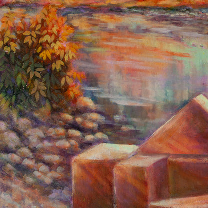 Detail of wooden blocks on the riverbank with orange-green bush, small rocks, and soft orange, pink, and blue brushstrokes from One Day, El Cap.