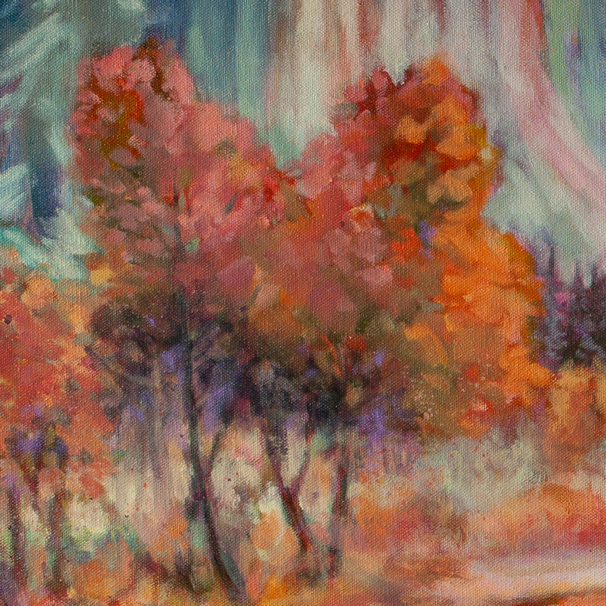 Close-up of orange-pink trees before a blue-teal rock wall with orange grass below from One Day, El Cap., Yosemite painting by Martina Goulart.