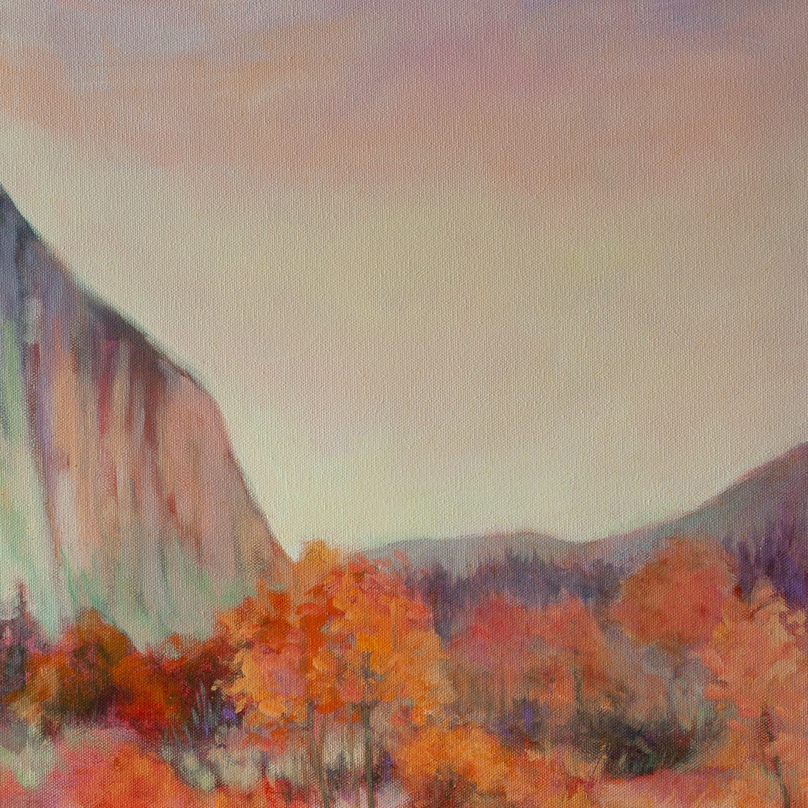 Detail of yellow-pink sky with light purple mountains and far El Capitan cliffs framed by pink-orange trees from One Day, El Cap..