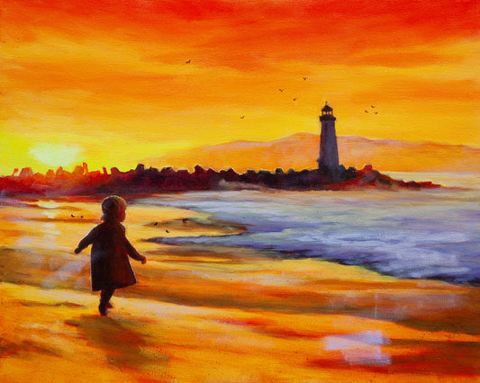 Oil painting of child walking along beach at sunset with Walton Lighthouse in Santa Cruz, California.