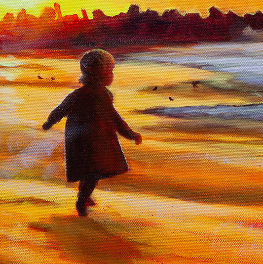 Detail of child walking in golden sunset light on Santa Cruz beach, oil painting.