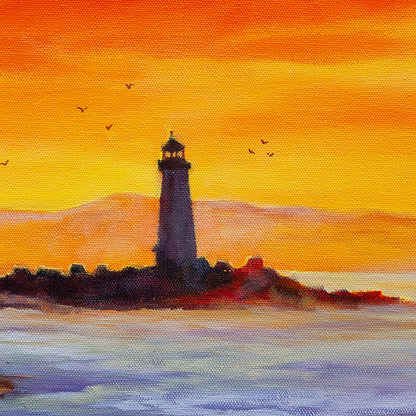 Detail of Walton Lighthouse at sunset in Santa Cruz harbor, oil on canvas.