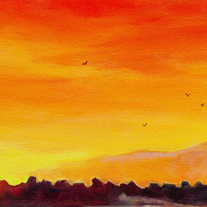 Vibrant orange and gold sunset sky over Santa Cruz harbor, oil painting detail.
