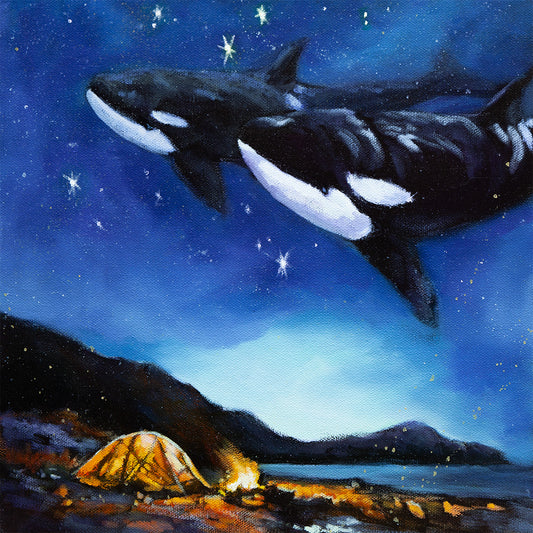 Dreamlike ocean fine art painting of two orcas swimming through a starry night sky above a glowing campfire and tent on a coastal shoreline, titled The Night Swims Above Us.
