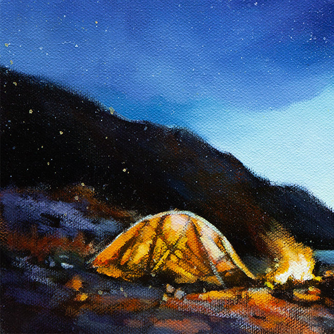 Close-up of a glowing yellow tent and campfire along a rocky shoreline at night in the ocean-inspired painting The Night Swims Above Us.