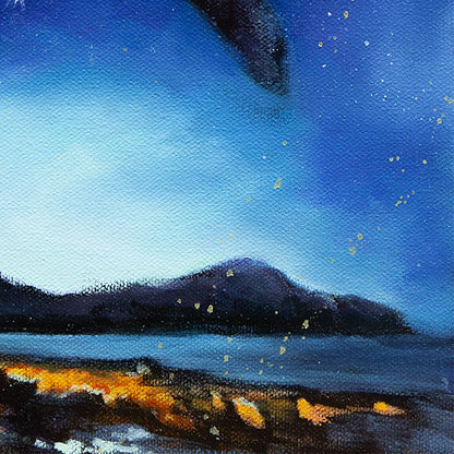 Close-up of a dark coastal shoreline and distant mountains under a luminous night sky in the marine life painting The Night Swims Above Us.