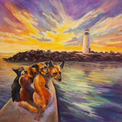 Three dogs riding together on a paddleboard at sunset near Walton Lighthouse in Santa Cruz, calm water reflecting golden and purple sky.