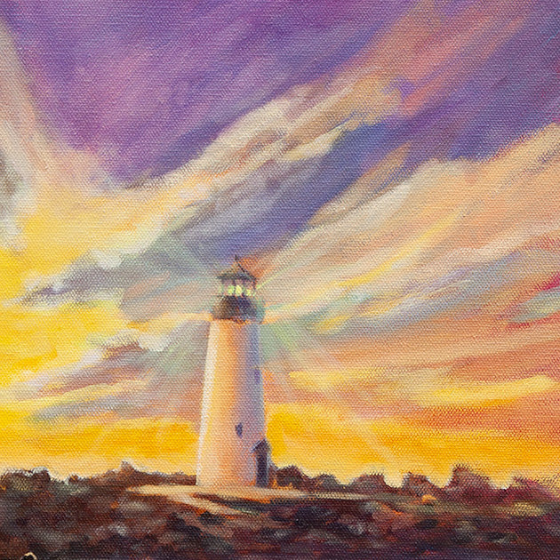 Detail of Walton Lighthouse glowing at sunset, with purple and gold sky in the Santa Cruz harbor painting Paddle Pals.
