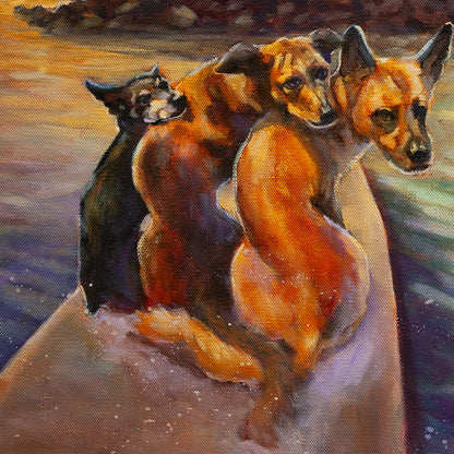 Close-up of three dogs sitting together on a paddleboard, painted in warm sunset tones from the artwork Paddle Pals.