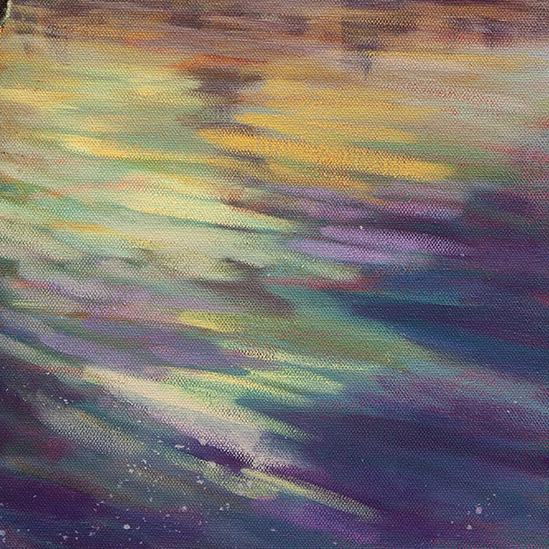 Detail of shimmering water reflecting sunset colors — yellows, purples, and turquoise — from the Santa Cruz harbor painting Paddle Pals.