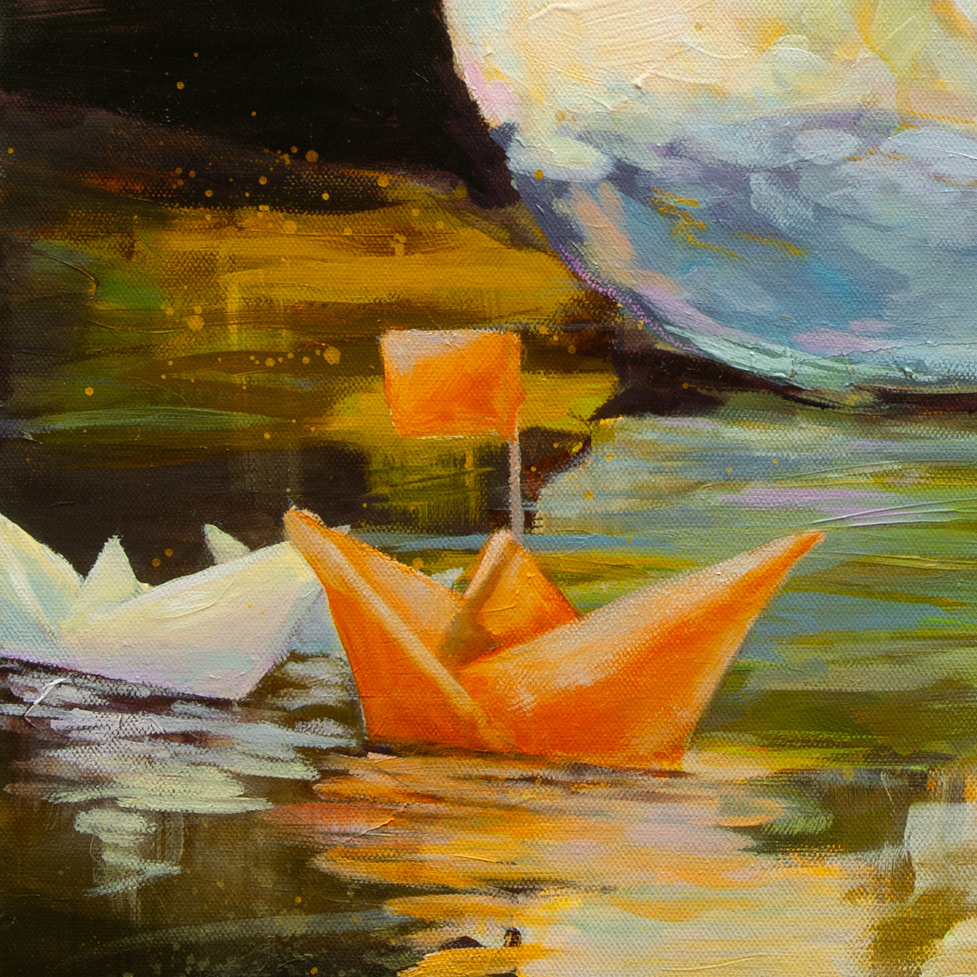 Close-up of orange and white paper boats drifting on golden water with yellow-green reflections and expressive brushstrokes from Quiet Company.