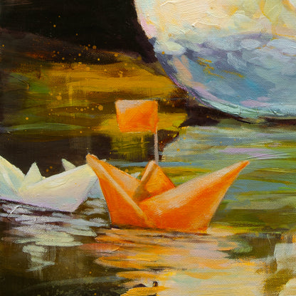 Close-up of orange and white paper boats drifting on golden water with yellow-green reflections and expressive brushstrokes from Quiet Company.