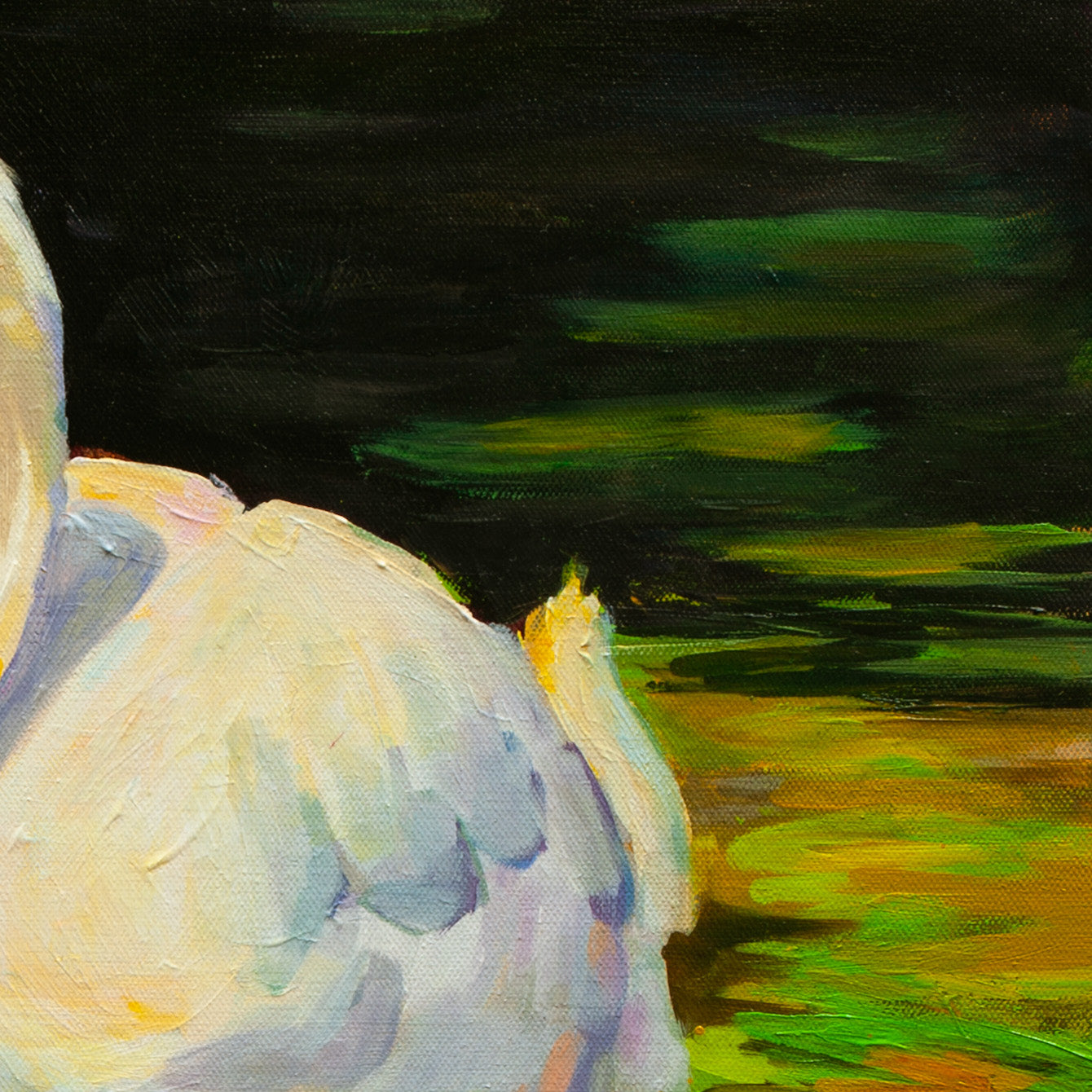 Close-up of swan’s back and tail in warm yellows, soft blues, and purples with green reflections on water from Quiet Company, Martina Goulart.