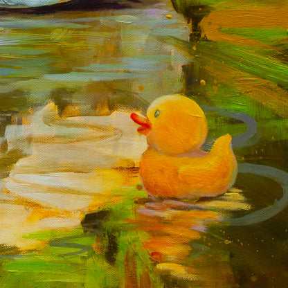 Close-up of yellow-orange rubber duck floating on reflective water with expressive brushwork from Quiet Company, Yosemite Valley painting.