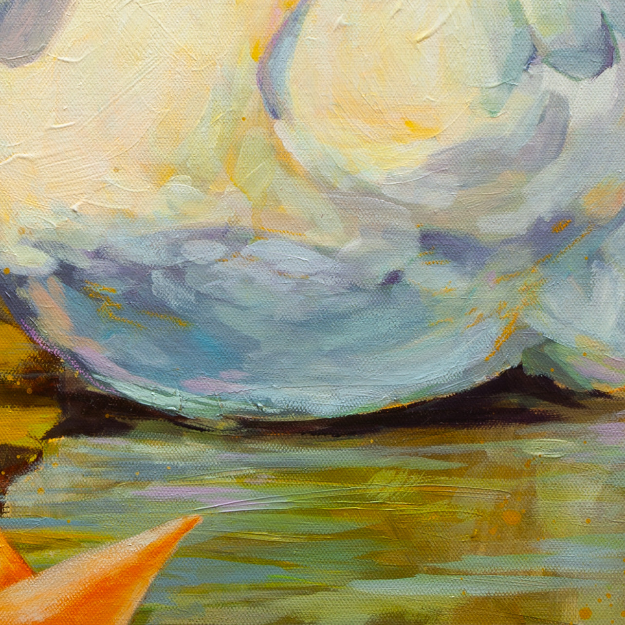 Detail of swan’s lower body in blue, purple, and gold tones with yellow-green reflections and soft brushstrokes from Quiet Company, fine art.