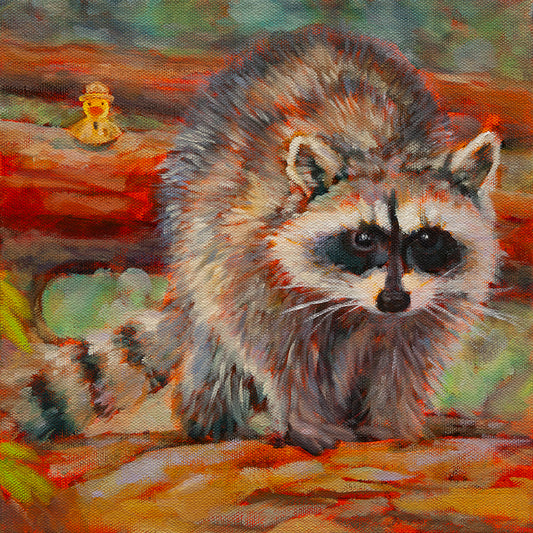 Original painting of a raccoon walking on an orange-brown log with a ranger duck in hat and brown shirt watching from behind, forest artwork by Martina Goulart.