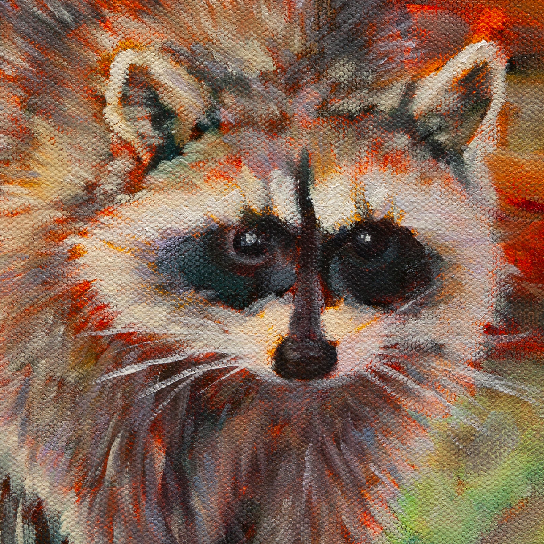 Close-up of a raccoon’s face with tan, light brown, and dark fur tones, detailed brushstrokes from Night Watch by Martina Goulart.