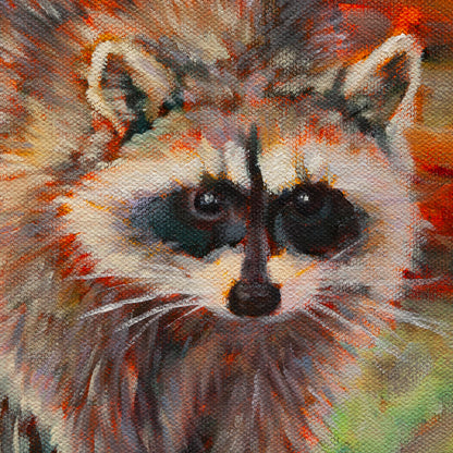 Close-up of a raccoon’s face with tan, light brown, and dark fur tones, detailed brushstrokes from Night Watch by Martina Goulart.