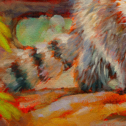 Detail of a raccoon’s tail in soft and dark browns beside a golden-orange sunlit rock from Night Watch, wildlife painting by Martina Goulart.
