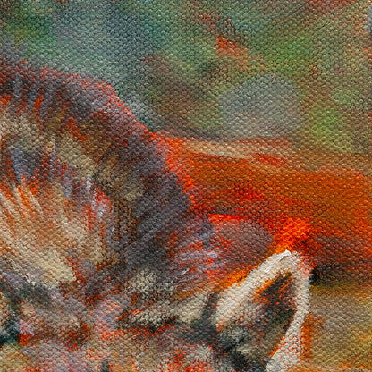 Detail of raccoon’s tan and golden-brown fur with log and blue-green forest background from Night Watch, woodland artwork by Martina Goulart.
