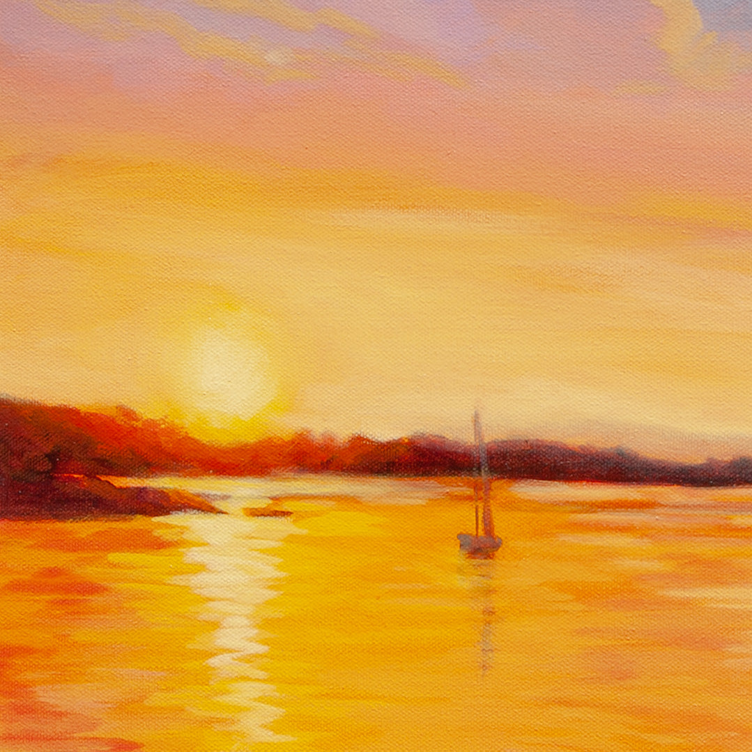 Close-up of glowing orange sunset with soft pink sky and sailboat on horizon reflecting in calm water from Safe Harbor, Santa Cruz harbor painting.