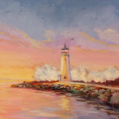 Detail of Walton’s Lighthouse with waves crashing behind, golden light, and expressive blue-pink brushstrokes from Safe Harbor, coastal artwork.