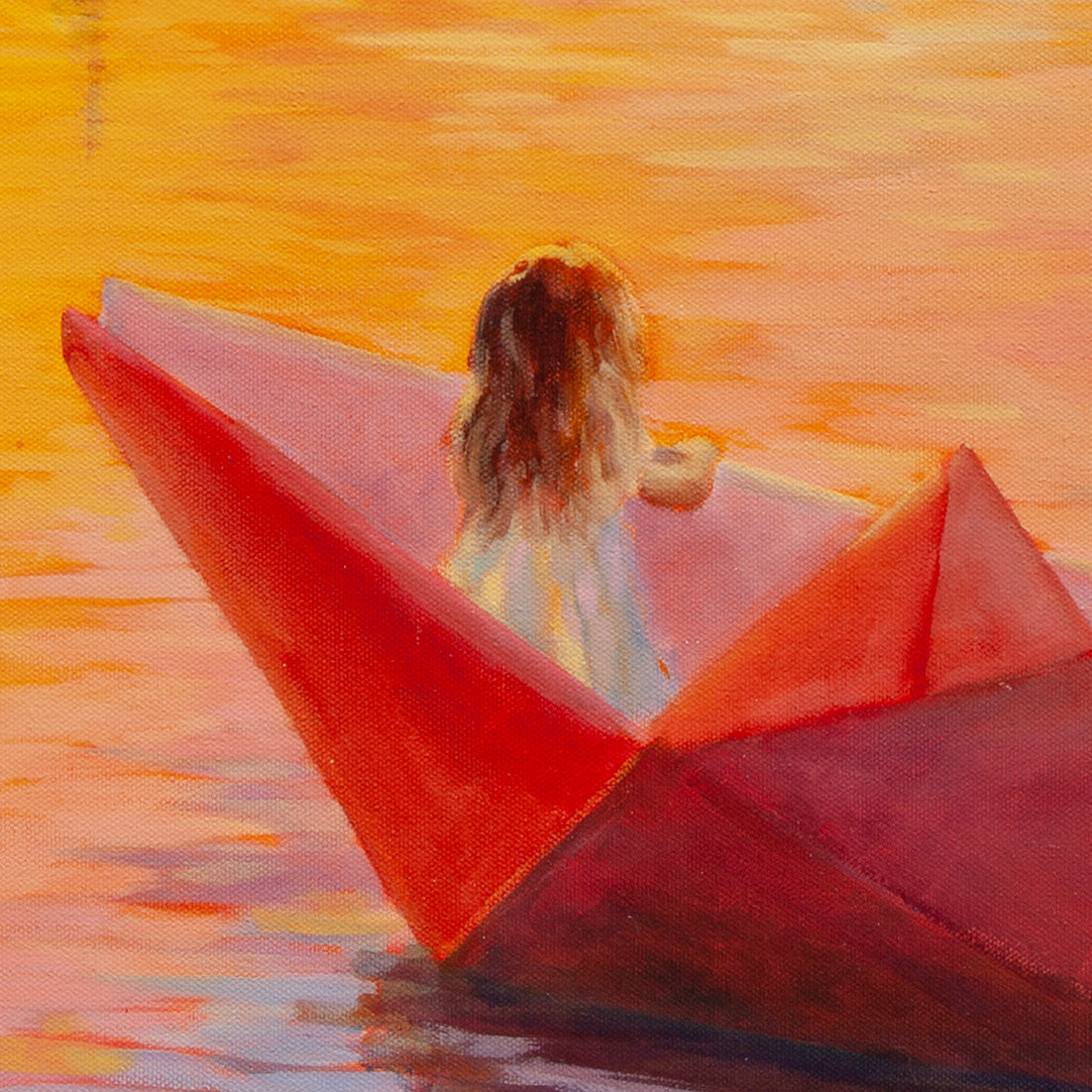 Close-up of girl with brown hair standing in red paper boat surrounded by glowing orange sea from Safe Harbor, Santa Cruz sunset painting.