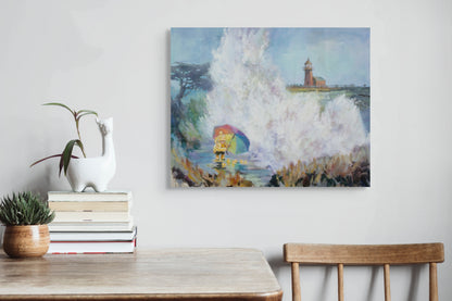 Original painting of a lighthouse and big wave with a girl in a yellow coat holding a rainbow umbrella, protecting rubber ducks at Santa Cruz West Cliff Drive.