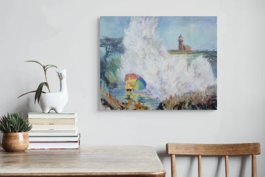 Original painting of a lighthouse and big wave with a girl in a yellow coat holding a rainbow umbrella, protecting rubber ducks at Santa Cruz West Cliff Drive.