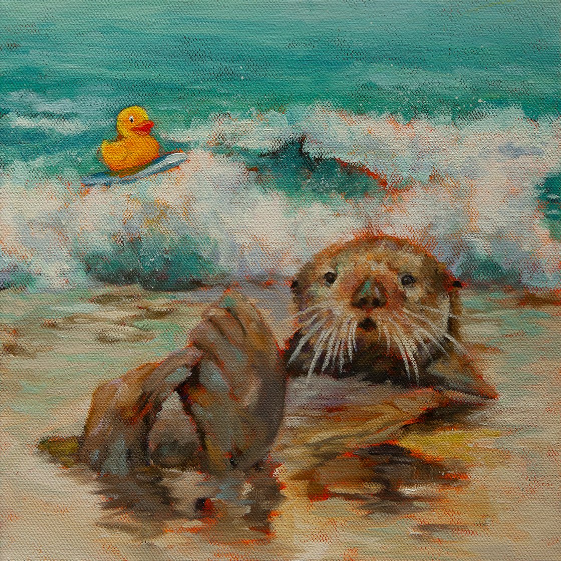 Original painting of a sea otter floating on teal ocean water with a yellow duck surfing a wave behind, coastal artwork by Martina Goulart.
