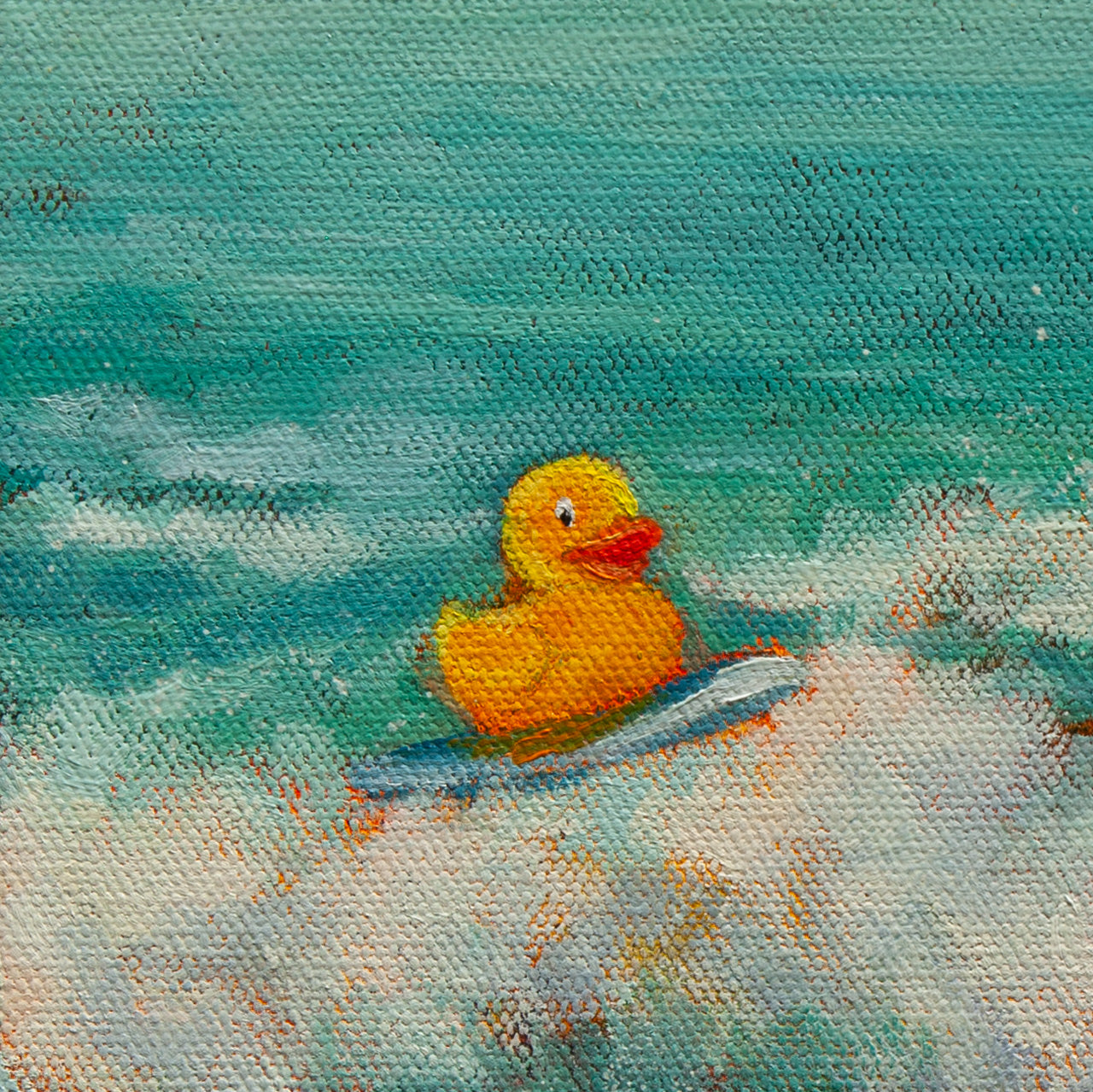 Close-up of a yellow rubber duck surfing a teal ocean wave from Riding the Same Wave, coastal painting by Martina Goulart.