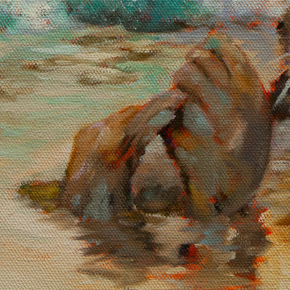 Detail of a sea otter’s brown feet with golden and teal reflections in soft blue water from Riding the Same Wave by Martina Goulart.