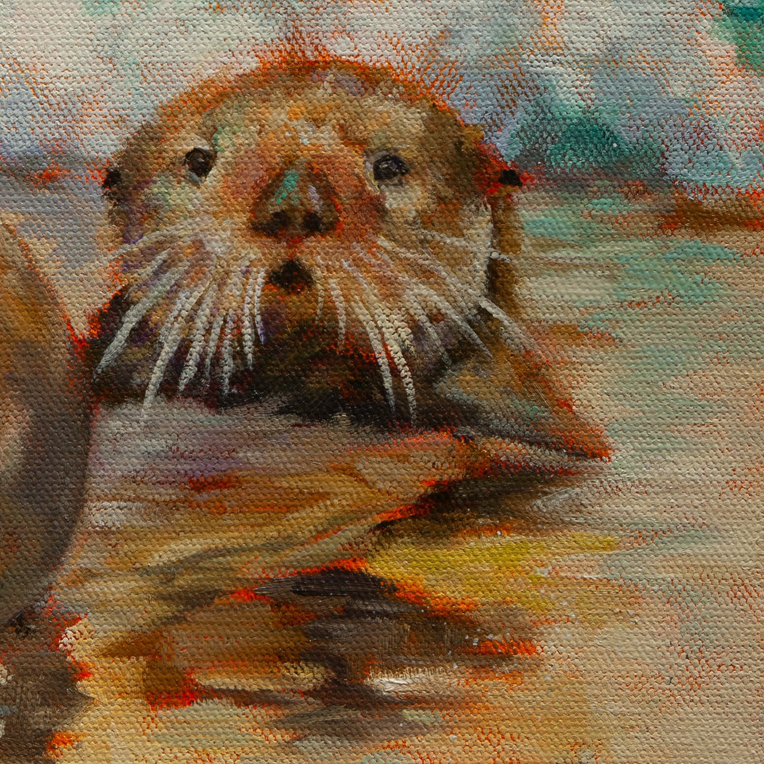 Close-up of the sea otter’s golden-brown face with soft light reflections on water from Riding the Same Wave, ocean artwork by Martina Goulart.